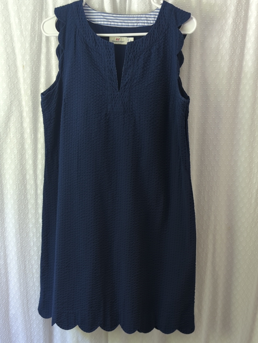 Vineyard Vines Seersucker Scalloped Cisco Dress, Deep Navy Women's Size 8